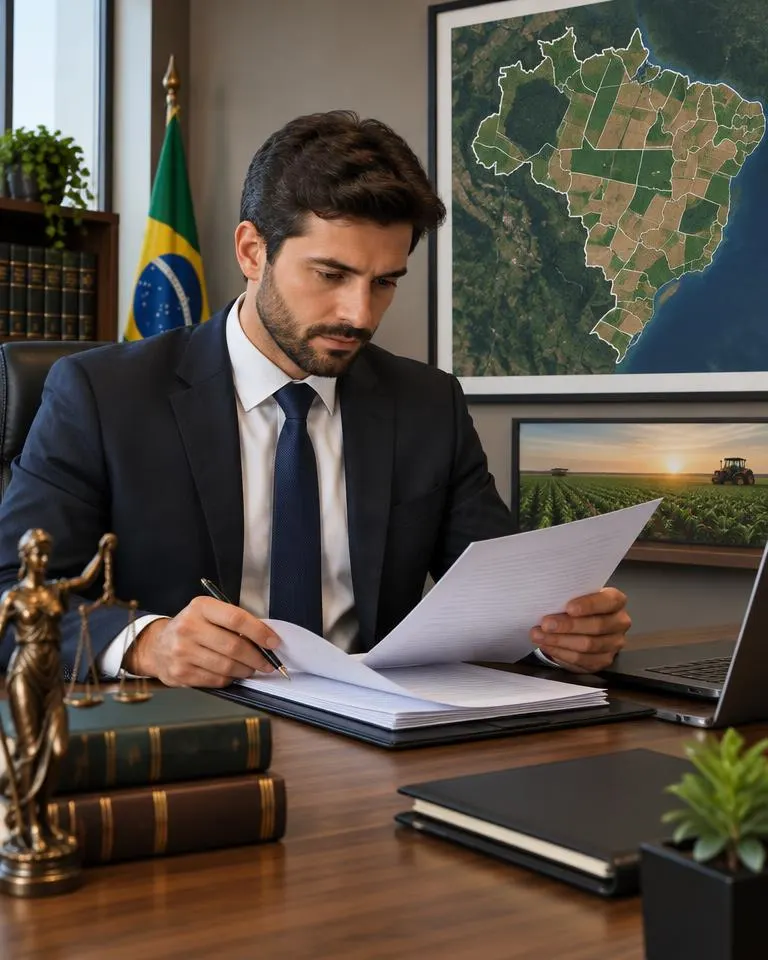 Advogado analisando documentos com mapa de propriedades rurais ao fundo
