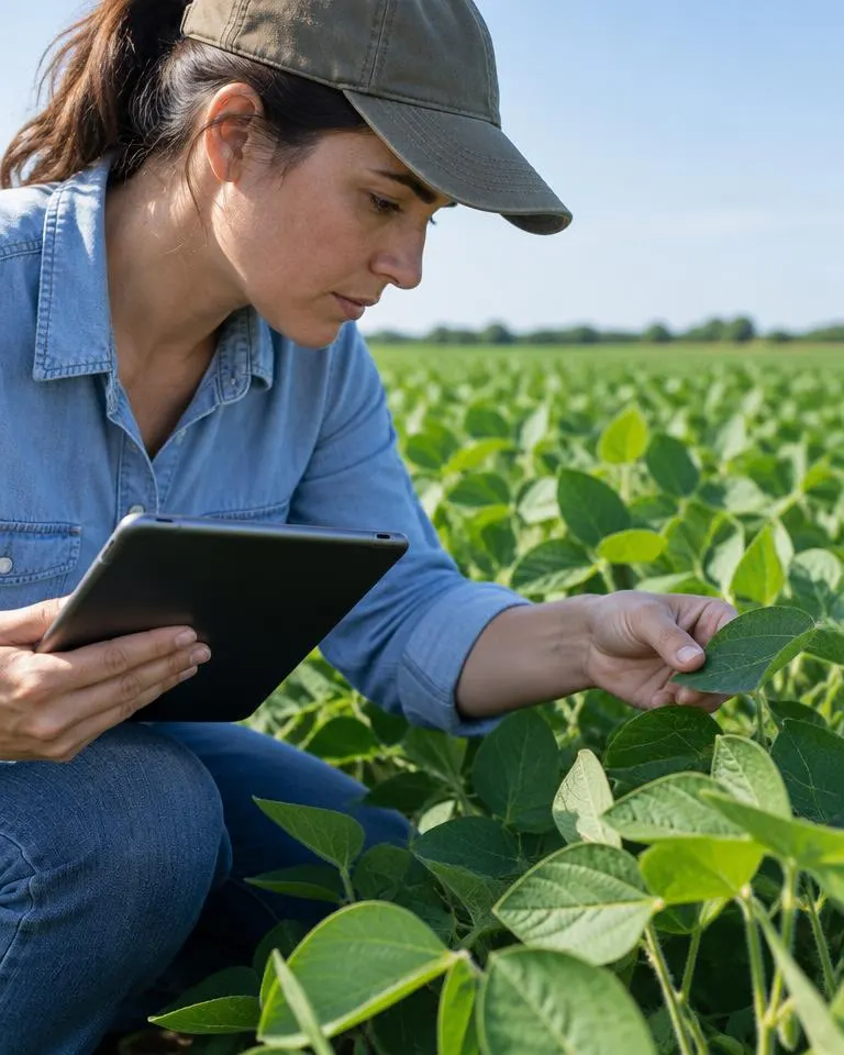 Agrônoma com tablet inspecionando folhas de soja na lavoura