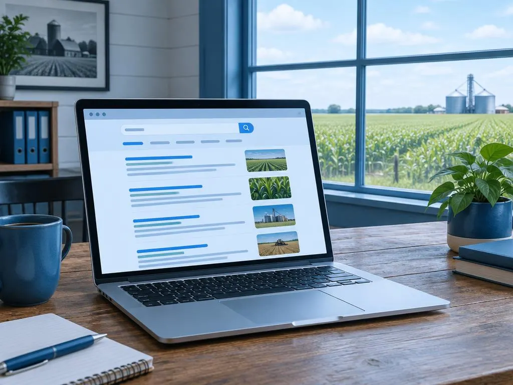 Notebook com resultados de busca em escritório de fazenda com vista para a lavoura